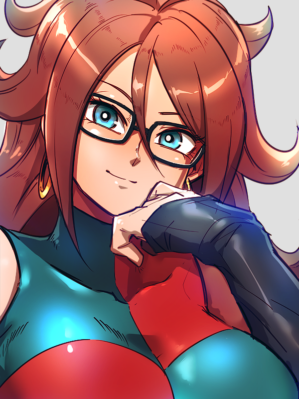 1girl android_21 black_gloves blue_dress blue_eyes breasts checkered checkered_dress close-up dragon_ball dragon_ball_fighterz dress earrings elbow_gloves face glasses gloves grey_background hand_on_own_cheek head_tilt hoop_earrings huge_breasts jewelry light_smile long_hair looking_at_viewer red_dress red_hair simple_background single_glove sleeveless sleeveless_dress smile solo spiked_hair st62svnexilf2p9 two-tone_dress upper_body