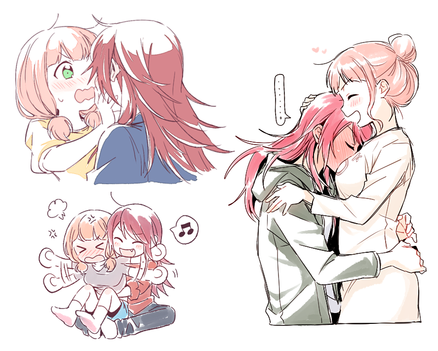 &gt;_&lt; ... 2girls :d =3 ^_^ ahoge anger_vein bang_dream! bangs blush butterfly_sitting closed_eyes dress eyes_closed face-to-face fang full-face_blush green_jacket grey_shirt hair_bun hair_up heart hood hood_down hooded_jacket hug hug_from_behind jacket long_hair long_sleeves low_twintails multiple_girls multiple_views musical_note open_mouth pink_hair pushing_away pushing_face re_ghotion red_hair red_shirt shirt sidelocks sitting sitting_on_lap sitting_on_person smile socks spoken_ellipsis spoken_musical_note twintails udagawa_tomoe uehara_himari v-shaped_eyebrows waving_arms wavy_mouth white_background white_dress yellow_shirt yuri