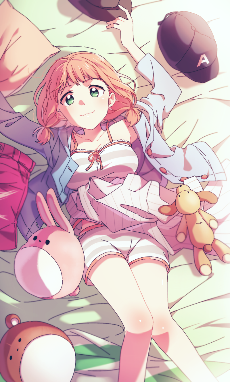 1girl :3 arms_up bang_dream! bangs baseball_cap bed_sheet black_hat blue_jacket breasts cleavage clothes collarbone commentary_request fedora green_eyes hat hat_removed headwear_removed highres jacket long_hair long_sleeves looking_at_viewer low_twintails lying medium_breasts on_back pajamas pillow pink_hair pink_shorts re_ghotion shirt short_shorts shorts solo spaghetti_strap striped striped_shirt striped_shorts stuffed_animal stuffed_bunny stuffed_dog stuffed_toy twintails uehara_himari white_shirt