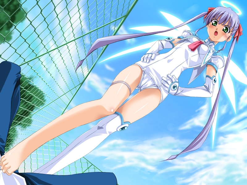 1girl :o angel angel_wings angry asymmetrical_clothes barefoot blue_hair blush boots breasts brooch chain-link_fence cloud covered_navel day djibril_aries dutch_angle elbow_gloves feet femdom fence footjob from_below game_cg gem gloves glowing glowing_wings green_eyes hair_ribbon halo hands_on_hips hetero jewelry jinno_hikari kuuchuu_yousai legs long_hair looking_at_viewer lying magical_girl makai_tenshi_djibril makai_tenshi_djibril_2 necktie on_back one-piece_swimsuit open_mouth outdoors pants pink_neckwear pov puffy_short_sleeves puffy_sleeves ribbon sailor_collar school_swimsuit shirt short_sleeves shoulder_pads shouting sidelocks single_thighhigh sky small_breasts solo_focus spread_legs standing swimsuit swimsuit_costume thigh_boots thigh_gap thighhighs thighlet tree turtleneck twintails v-shaped_eyebrows very_long_hair white_gloves white_legwear white_school_swimsuit white_swimsuit wings