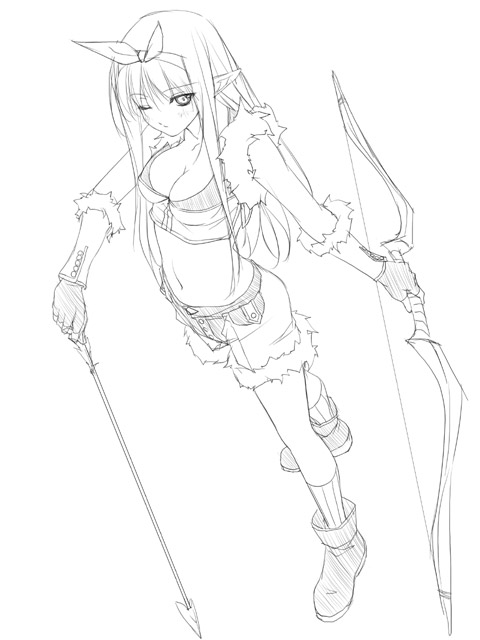 arrow bow_(weapon) breasts cleavage elf from_above greyscale medium_breasts midriff monochrome navel one_eye_closed pointy_ears ragnarok_online rokuwata_tomoe sketch sniper_(ragnarok_online) solo weapon