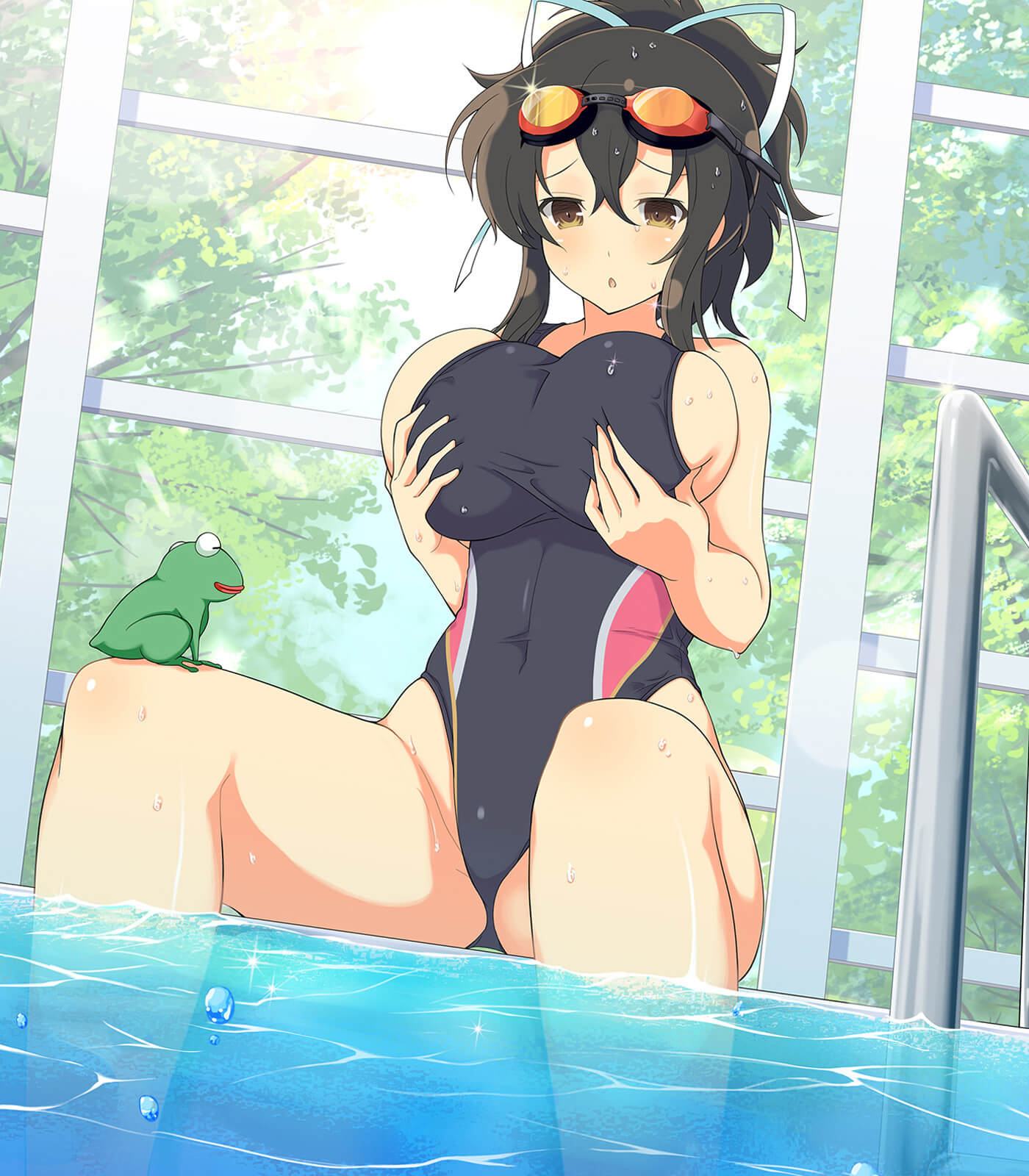 10s 1girl asuka_(senran_kagura) black_hair breasts brown_eyes covered_navel curvy femae frog goggles goggles_on_head hair_ribbon highres large_breasts official_art one-piece_swimsuit partially_submerged ponytail pool ribbon senran_kagura senran_kagura_new_wave short_ponytail sideboob sitting solo swimsuit thighs water wet wet_clothes wet_hair wet_swimsuit white_ribbon yaegashi_nan