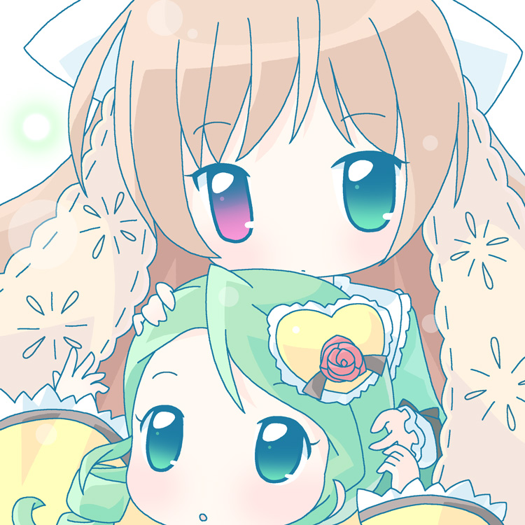 :o arms_up blue_eyes brown_hair chibi close-up face frills green_eyes green_hair hair_ornament heart heart_hair_ornament heterochromia kanaria long_hair looking_at_viewer mirai_(sugar) multiple_girls parted_lips red_eyes rozen_maiden simple_background suiseiseki white_background