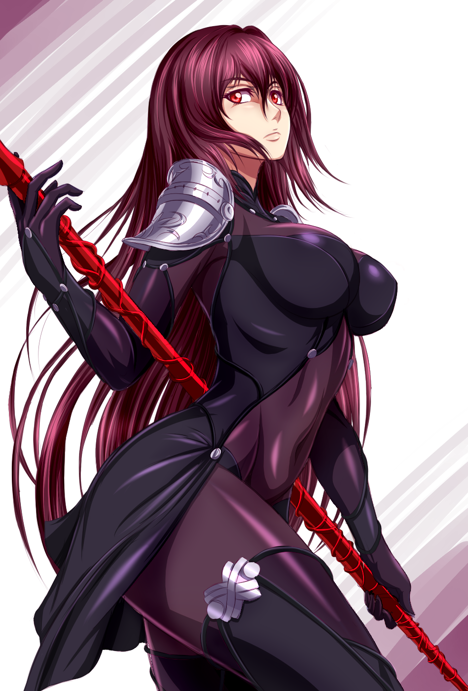 1girl bodysuit breasts closed_mouth covered_navel fate/grand_order fate_(series) female from_side gae_bolg hair_between_eyes hair_intakes highres holding holding_weapon large_breasts lips long_hair looking_at_viewer neck pauldrons polearm purple_bodysuit purple_hair red_eyes scathach_(fate)_(all) scathach_(fate/grand_order) serious skin_tight solo standing type-moon v-neck very_long_hair waist_cape weapon white_background zantyarz