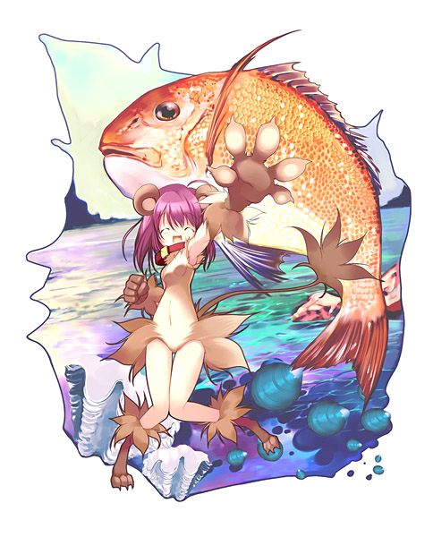 animal animal_ears claws closed_eyes collar fish full_body furry hanpen jewelry navel neck_ring original outstretched_arm paws purple_hair scales seashell shell solo thigh_gap water whiskers