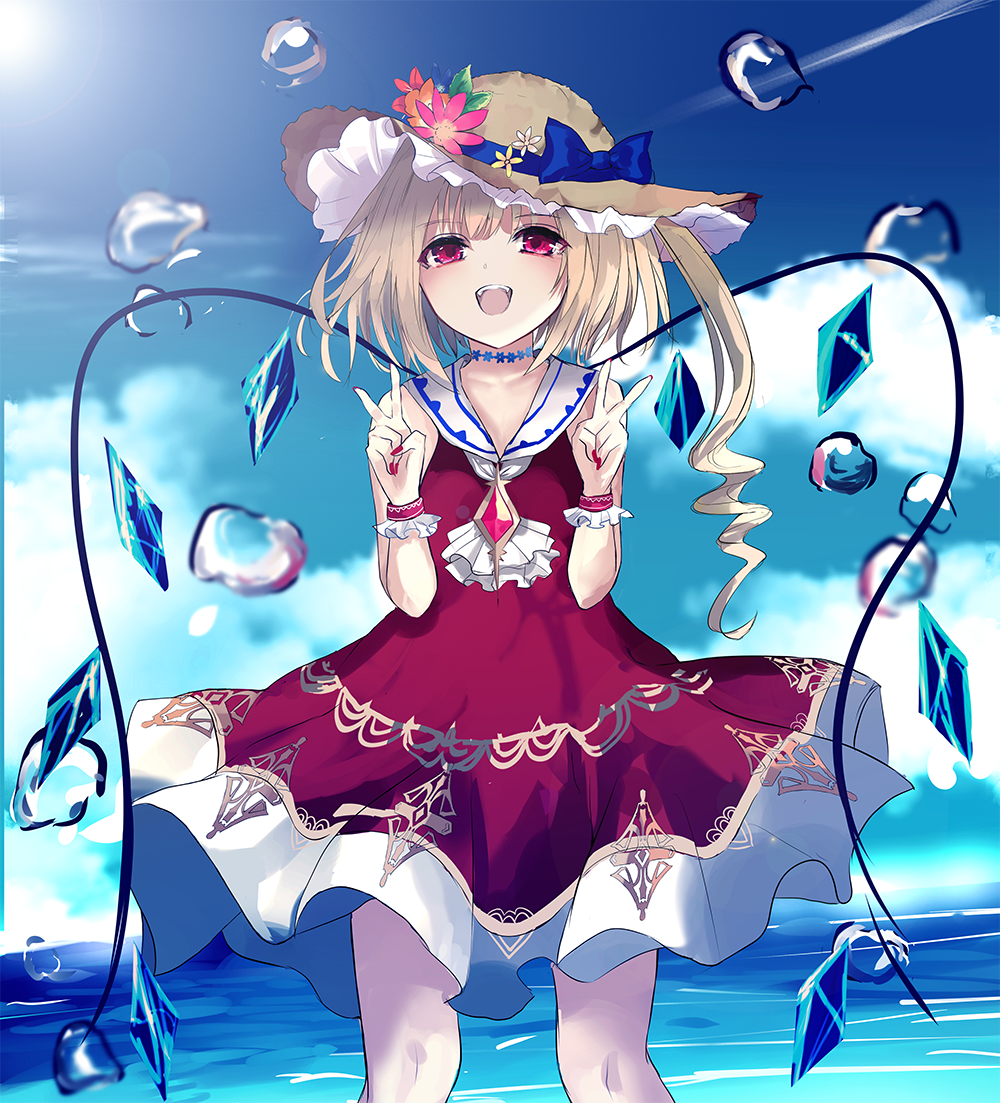 1girl :d adapted_costume bangs beckzawachi blonde_hair blue_bow blue_choker blue_sailor_collar bow brown_hat bubble choker crystal double_v dress eyebrows_visible_through_hair fingernails flandre_scarlet flower hands_up hat hat_bow hat_flower leaf long_hair looking_at_viewer mob_cap nail_polish open_mouth orange_flower pink_flower red_dress red_eyes red_nails sailor_collar sailor_dress side_ponytail smile solo sun_hat teeth touhou v water white_flower wings wristband yellow_flower