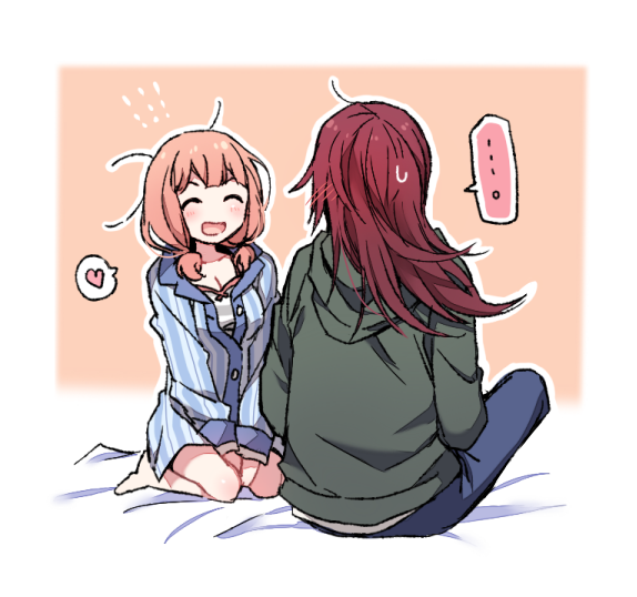 ... 2girls :d ^_^ bang_dream! between_legs blue_pajamas blue_pants blush breasts cleavage closed_eyes eyes_closed green_jacket hand_between_legs heart hood hood_down jacket long_hair long_sleeves looking_at_another low_twintails messy_hair multiple_girls on_bed open_mouth outline pants pink_hair re_ghotion red_hair shirt sitting sitting_on_bed smile spoken_ellipsis spoken_heart striped striped_shirt sweatdrop twintails udagawa_tomoe uehara_himari vertical-striped_shirt vertical_stripes white_outline yuri