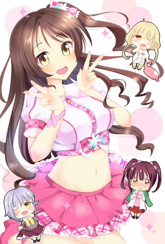 4girls :d ashino bangs blush bow breasts brown_hair character_request chibi chibi_inset commentary_request costume crop_top curly_hair double_w frilled_skirt frills groin hands_up idol idolmaster idolmaster_cinderella_girls long_hair looking_at_viewer microskirt midriff multiple_girls navel one_side_up open_mouth pink_footwear pink_skirt plaid plaid_bow puffy_short_sleeves puffy_sleeves raised_eyebrows shimamura_uzuki shiny shiny_hair short_sleeves skirt smile sparkle stomach very_long_hair w wing_collar yellow_eyes