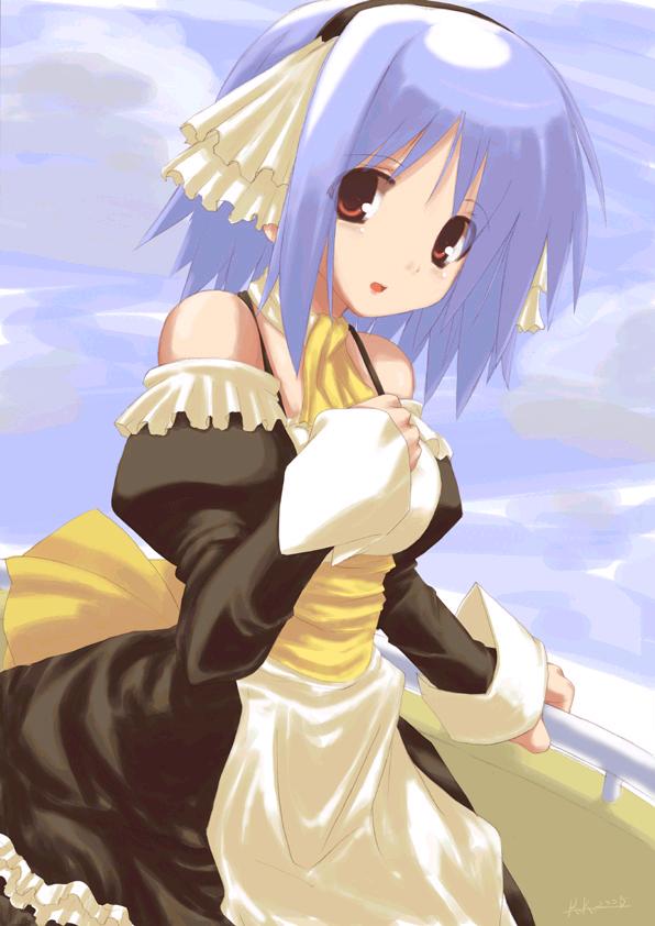 ascot bare_shoulders copyright_request detached_sleeves frills hairband headdress kanna_ryouto long_sleeves maid purple_hair red_eyes solo wrist_cuffs