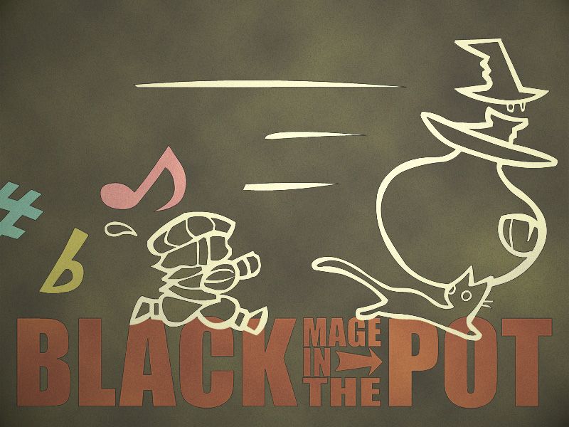 bard_(final_fantasy) black_background black_mage cat character_name eighth_note final_fantasy final_fantasy_xi flying_sweatdrops hat jug musical_note pot running silhouette simple_background witch_hat