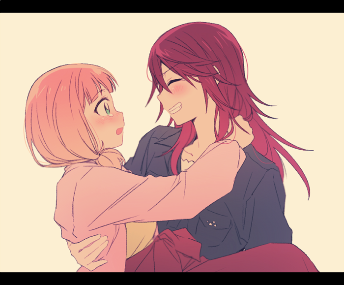 2girls ^_^ bang_dream! bangs blush breast_pocket carrying closed_eyes eyes_closed green_eyes grin hand_on_another's_shoulder jacket letterboxed long_hair long_sleeves looking_at_another low_twintails multiple_girls pink_hair pink_jacket pocket princess_carry re_ghotion red_hair shirt smile teardrop twintails udagawa_tomoe uehara_himari upper_body yellow_background yellow_shirt yuri