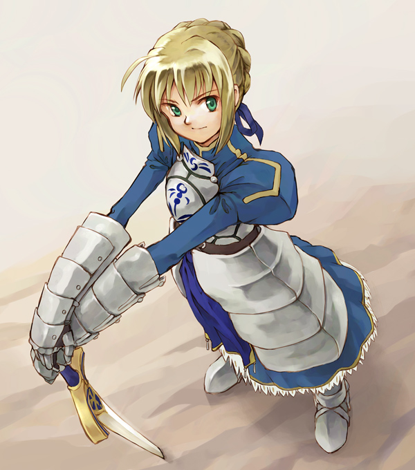 armor armored_dress artoria_pendragon_(all) blonde_hair dress excalibur fate/stay_night fate_(series) faulds gauntlets hands_on_hilt long_sleeves planted_sword planted_weapon saber solo sword weapon yukihashi