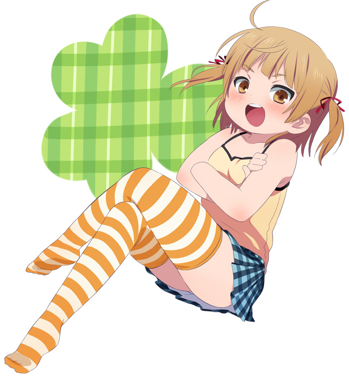 ahoge blush brown_eyes brown_hair crossed_arms crossed_legs marui_mitsuba mitsudomoe plaid plaid_skirt satowo short_twintails sitting skirt solo striped striped_legwear tank_top thighhighs twintails yellow_legwear