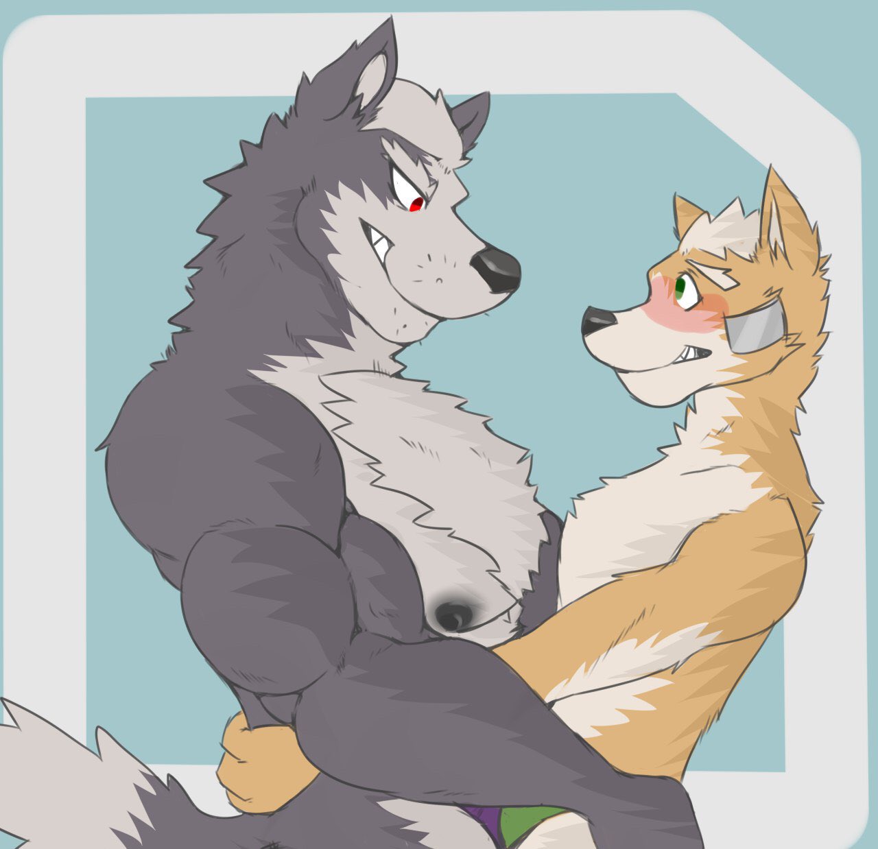 anthro blush butt butt_grab canid canine canis clothing embrace fox fox_mccloud hand_on_butt hug inu.oni male male/male mammal mostly_nude muscular muscular_male nintendo nipples size_difference star_fox thong video_games wolf wolf_o'donnell