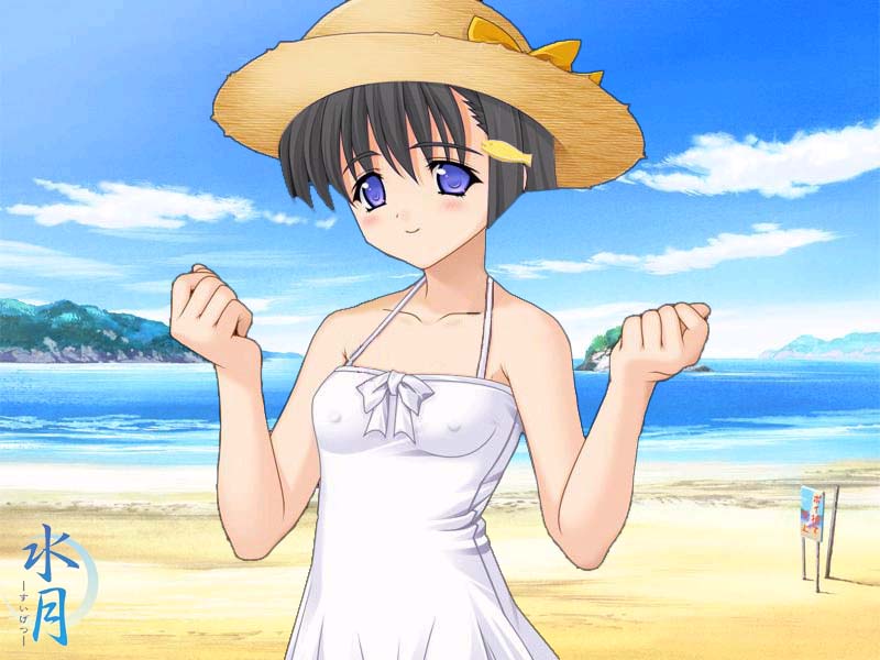 bare_shoulders beach black_hair blue_eyes blush breasts clenched_hands cloud covered_nipples day dress fish game_cg hair_ornament hairclip hat isawa_tae lamune outdoors short_hair sky small_breasts smile solo straw_hat suigetsu third-party_edit w_arms water