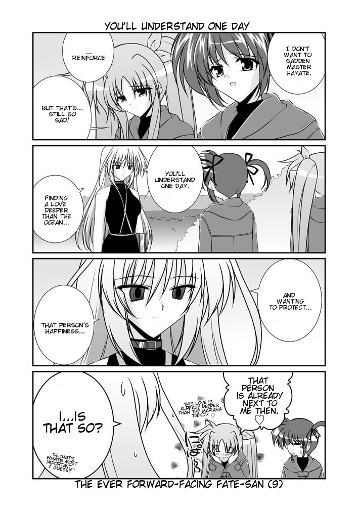 =_= choker close-up closed_eyes comic embarrassed english face fate_testarossa greyscale hair_ribbon hands_on_own_cheeks hands_on_own_face hard_translated heart long_sleeves lyrical_nanoha magical_girl mahou_shoujo_lyrical_nanoha mahou_shoujo_lyrical_nanoha_a's mikage_takashi monochrome multiple_girls open_mouth reinforce ribbon speech_bubble sweatdrop takamachi_nanoha talking translated twintails