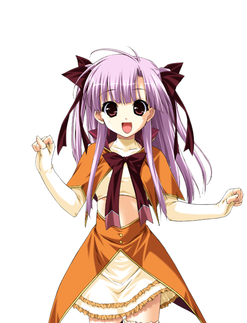 :d ahoge bow boy_meets_girl brown_bow elbow_gloves fingerless_gloves frills gloves hair_ribbon happy long_hair looking_at_viewer midriff open_mouth purple_hair red_eyes ribbon shingyouji_mao shintarou skirt smile solo tachi-e transparent_background twintails two_side_up