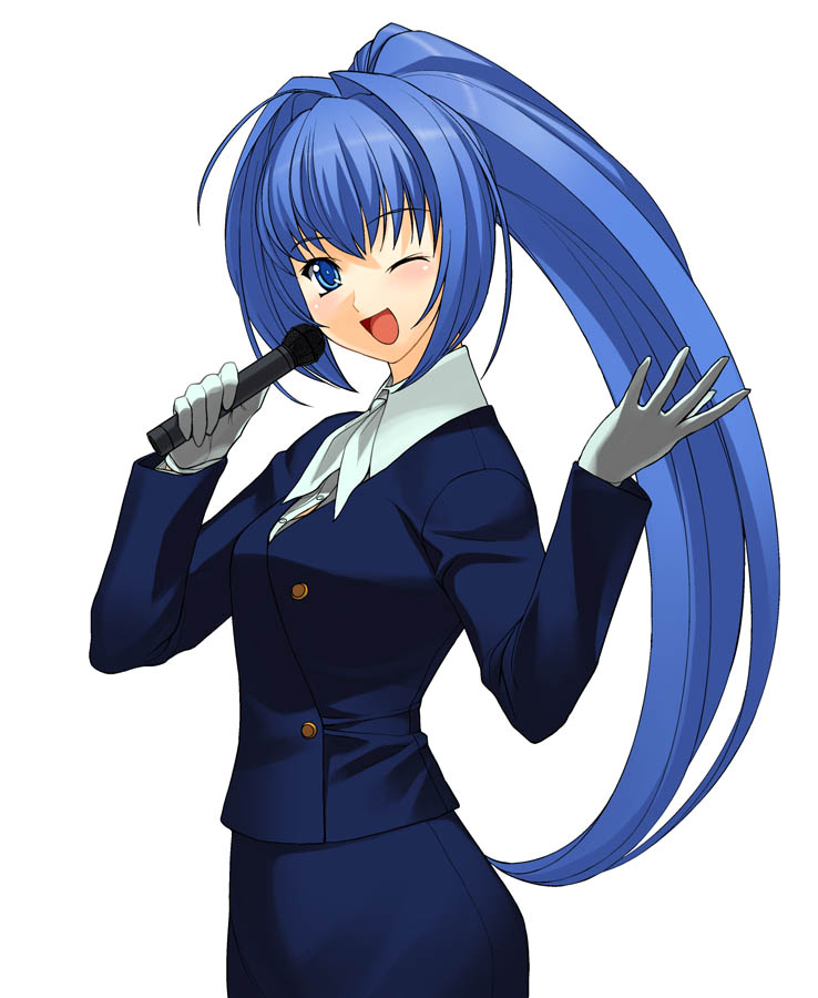 ;d a1 blue_eyes blue_hair gloves hayase_mitsuki kimi_ga_nozomu_eien long_hair long_sleeves microphone one_eye_closed open_mouth pencil_skirt ponytail simple_background skirt smile solo stewardess white_background