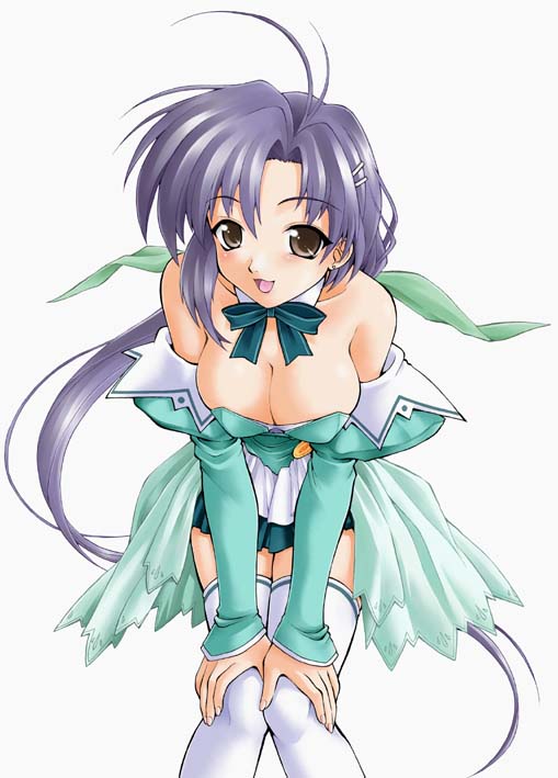 :d bare_shoulders breasts brown_eyes cleavage ebifly hair_ornament hairclip hands_on_own_knees kinoshita_takako large_breasts leaning_forward long_hair open_mouth pia_carrot_(series) pia_carrot_e_youkoso!!_3 ponytail purple_hair simple_background smile solo thighhighs waitress white_background zettai_ryouiki