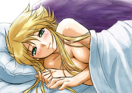 angel_wings bare_shoulders bed bed_sheet blonde_hair blush breasts breath_of_fire breath_of_fire_ii dr.p large_breasts long_hair looking_at_viewer lowres lying naked_sheet nina_(breath_of_fire_ii) on_side purple_wings smile solo wings