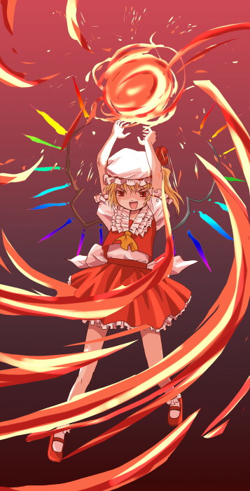 arms_up ascot blonde_hair cravat fire flandre_scarlet frills haniwa_(leaf_garden) hat red_background red_eyes red_skirt shoes short_hair skirt solo touhou wings