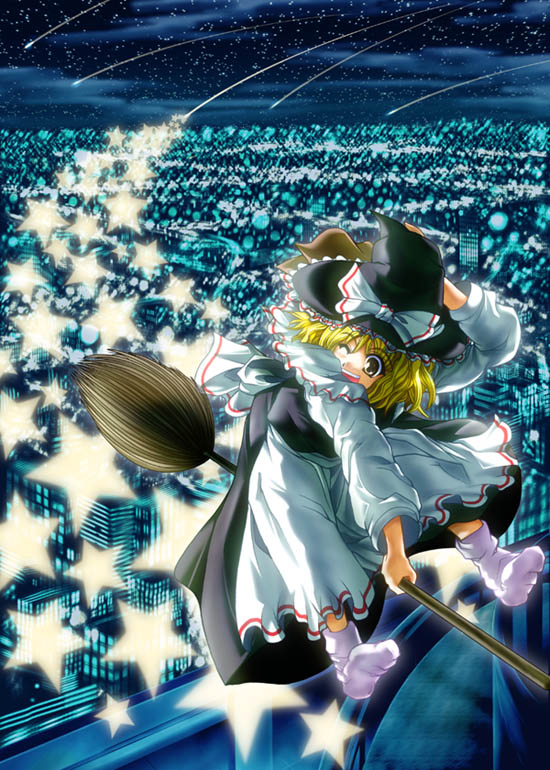 amamizu_(myofuu_kai) blonde_hair broom broom_riding city_lights cityscape hand_on_headwear hat kirisame_marisa long_sleeves night night_sky no_shoes one_eye_closed open_mouth perfect_cherry_blossom shooting_star sky smile socks solo star touhou white_legwear witch_hat yellow_eyes