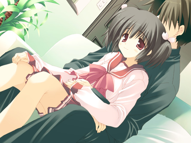 1girl :3 ahoge bangs between_legs black_hair black_pants black_shirt bow closed_mouth couch couple door dutch_angle eyebrows_visible_through_hair faceless faceless_male from_side gakuran game_cg hair_between_eyes hair_over_eyes hair_ribbon hand_on_own_knee happy hetero hug indoors kouno_takaaki light_smile light_switch long_sleeves looking_at_viewer mitsumi_misato on_couch on_lap pants pillow pink_bow plant pleated_skirt potted_plant red_eyes red_skirt ribbon school_uniform serafuku shirt short_hair short_twintails sitting skirt sleeves_past_wrists smile solo_focus to_heart_2 twintails white_ribbon white_shirt yuzuhara_konomi