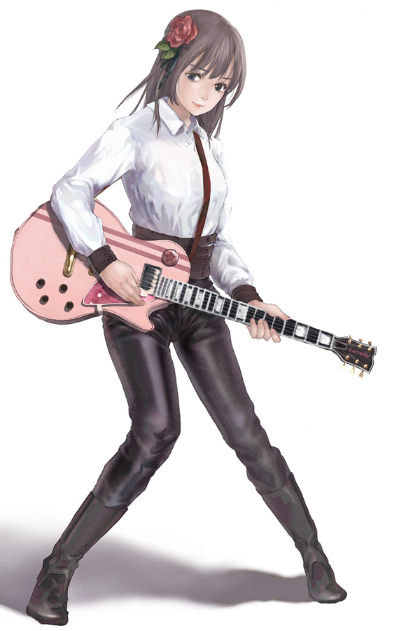 blue_eyes brown_hair copyright_request electric_guitar flower guitar hair_flower hair_ornament instrument leather long_sleeves majiro_(mazurka) rose solo