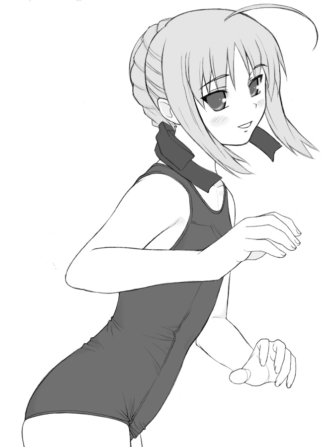 ahoge artoria_pendragon_(all) fate/stay_night fate_(series) greyscale monochrome one-piece_swimsuit saber school_swimsuit shichimenchou solo swimsuit