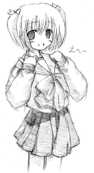 artist_request blush greyscale long_sleeves monochrome open_mouth pleated_skirt school_uniform serafuku short_hair short_twintails sketch skirt smile solo to_heart_2 twintails yuzuhara_konomi