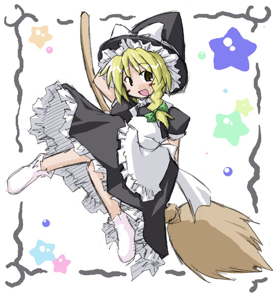 apron black_dress blonde_hair blush bow braid broom broom_riding dress eyebrows eyebrows_visible_through_hair frilled_apron frilled_skirt frills green_bow hair_bow hand_behind_head hat hat_bow kirisame_marisa knees_together_feet_apart kugelschreiber open_mouth puffy_short_sleeves puffy_sleeves short_hair short_sleeves side_braid single_braid skirt smile socks solo star touhou white_bow witch_hat
