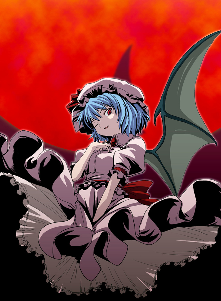 bat_wings blue_hair full_moon hand_on_own_chest haniwa_(leaf_garden) hat hat_ribbon moon one_eye_closed petticoat red_eyes red_moon remilia_scarlet ribbon short_hair solo touhou wings