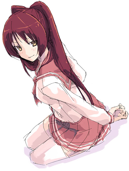 artist_request brown_eyes from_above kousaka_tamaki long_sleeves looking_at_viewer looking_up pink_shirt pleated_skirt red_hair red_skirt sailor_collar school_uniform shirt simple_background skirt smile solo thighhighs to_heart_2 twintails white_background white_legwear zettai_ryouiki