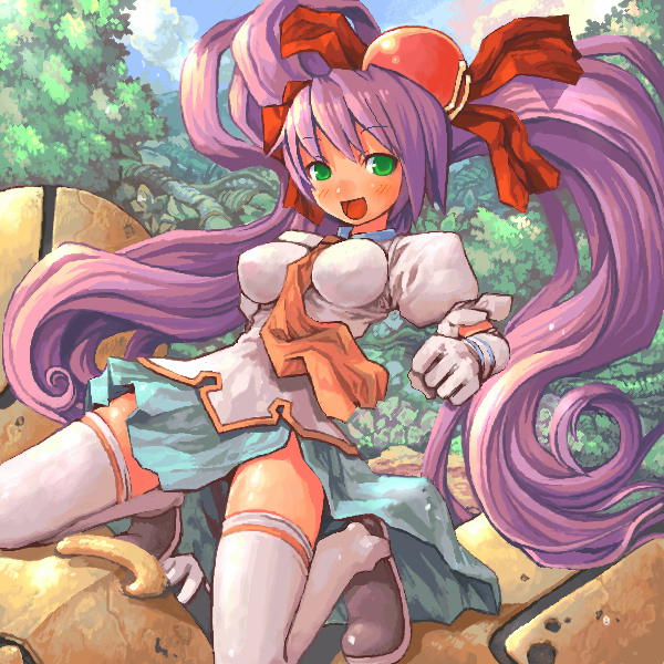 blue_skirt breasts elbow_gloves gloves happy impossible_clothes impossible_shirt kiniro_(mushihime-sama) kneeling long_hair medium_breasts mushihime-sama necktie purple_hair reco shigatake shirt skirt solo thighhighs twintails very_long_hair white_legwear