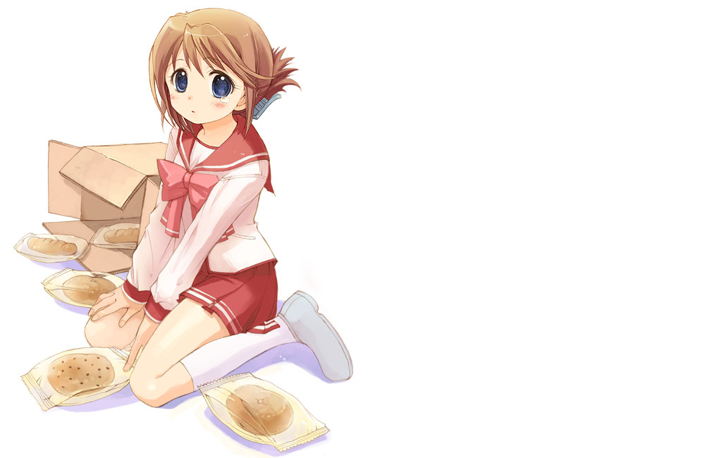 :o artist_request blue_eyes blush box bread brown_hair carton folded_ponytail food komaki_manaka long_sleeves looking_at_viewer package parted_lips red_skirt shoes simple_background sitting skirt socks solo tears to_heart_2 wariza white_background
