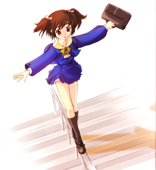 artist_request bag balancing brown_hair long_sleeves outstretched_arms pleated_skirt red_eyes satchel school_uniform short_twintails skirt solo spread_arms to_heart_2 twintails walking_on_railing yuzuhara_konomi