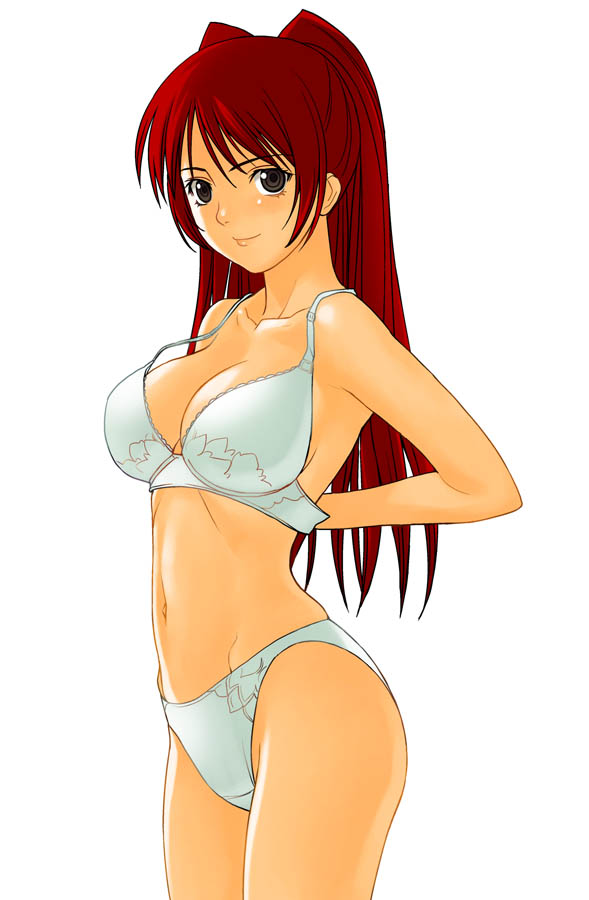 a1 blush bra brown_eyes green_bra green_panties kousaka_tamaki lace lace-trimmed_bra lingerie long_hair navel panties red_hair solo standing to_heart_2 underwear underwear_only undressing