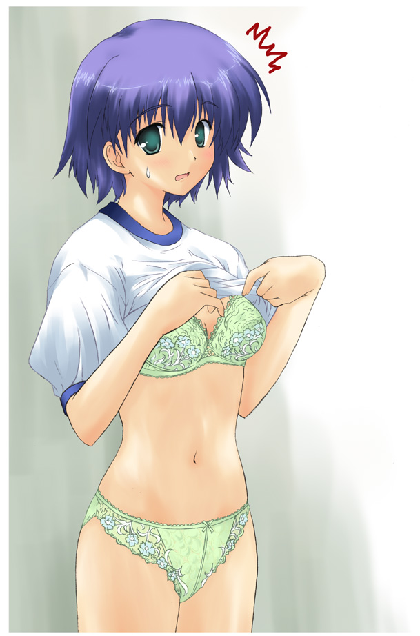 artist_request blue_hair blush bow bow_panties bra frilled_panties frills green_bra green_eyes green_panties gym_uniform lace lace-trimmed_bra lace-trimmed_panties lingerie navel no_pants panties shirt_lift short_hair solo standing to_heart_2 tonami_yuma underwear undressing