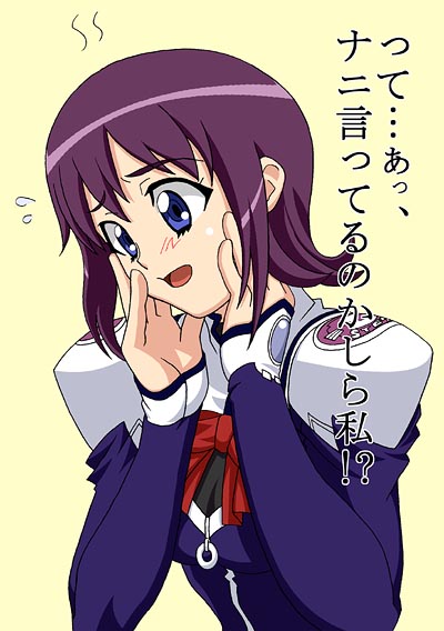 :o artist_request blue_eyes blush bow bowtie emblem flying_sweatdrops hands_on_own_face long_sleeves machida_ayaka open_mouth purple_hair red_bow simple_background solo uchuu_no_stellvia uniform yellow_background