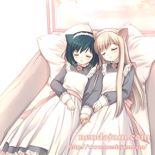 animal_ears blonde_hair cat_ears closed_eyes copyright_request green_hair holding_hands long_hair long_sleeves lowres lugosi_ela maid multiple_girls short_hair sleeping