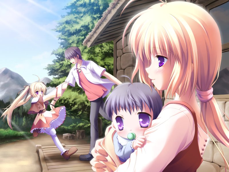 2girls ahoge baby black_hair blonde_hair family game_cg hair_ribbon komatsu_eiji long_hair long_sleeves majokko_a_la_mode_2 mint_lentil multiple_girls pacifier ponytail purple_eyes ribbon skirt thighhighs twintails