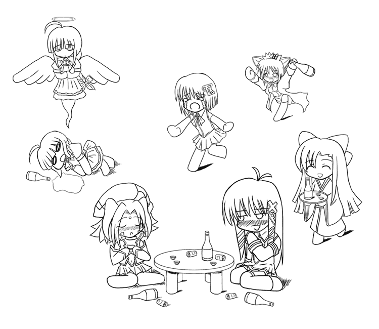 6+girls 95-tan 98-tan artist_request chibi closed_eyes drunk glasses greyscale longhorn me-tan monochrome multiple_girls os-tan tears wings xp-tan