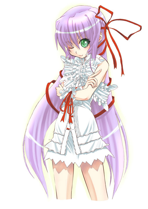 al_azif artist_request crossed_arms demonbane green_eyes one_eye_closed purple_hair ribbon solo