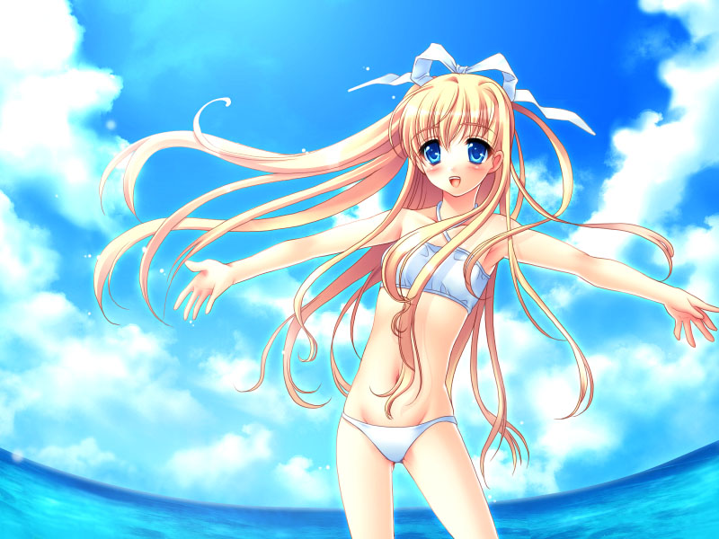 artist_request bad_anatomy beach bikini blonde_hair blue_eyes cloud copyright_request day long_hair outdoors sky solo swimsuit