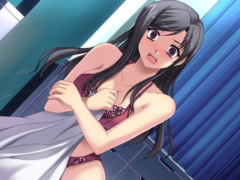 :o alternate_hairstyle bangs black_hair blush bra breasts chest_of_drawers cleavage covering cowboy_shot crossed_arms curtains dress_shirt dutch_angle embarrassed game_cg hair_down hair_ornament hairclip holding holding_arm indoors kouzuki_asuna lace lace-trimmed_bra lace-trimmed_panties large_breasts lingerie long_hair looking_at_viewer nose_blush panties parted_bangs purple_eyes red_bra red_panties shirt shirt_removed sidelocks silhouette_(cdpa) solo soo-hyon_lee standing surprised swept_bangs underwear underwear_only undressing white_shirt