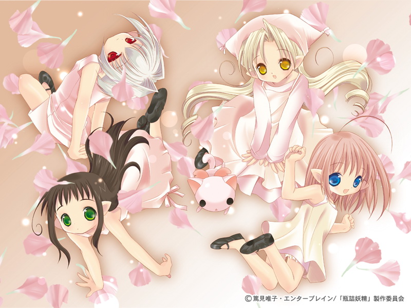 :d ahoge animal bare_shoulders binzume_yousei black_hair blonde_hair blue_eyes blush brown_hair cat clenched_hand dress expressionless flower full_body green_eyes hair_intakes hat looking_at_viewer multiple_girls open_mouth pointy_ears red_eyes silver_hair sleeveless sleeveless_dress smile sundress tokumi_yuiko wallpaper wings yellow_eyes