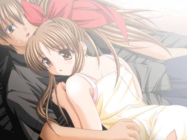 1girl artist_request bow brown_eyes brown_hair couple game_cg hair_ribbon hetero hug jpeg_artifacts long_hair open_mouth ponytail ribbon shiroishi_misa sidelocks sora_wo_mau_tsubasa surprised sweat