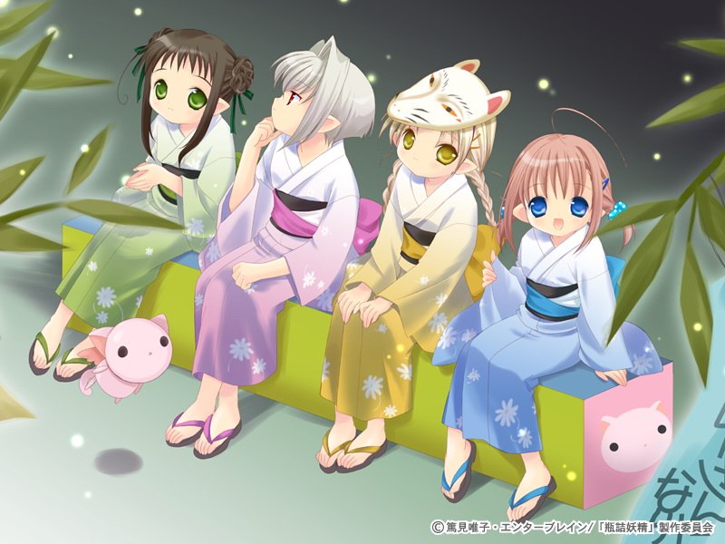 ahoge binzume_yousei braid chiriri flower fox_mask full_body hororo japanese_clothes kimono kururu long_sleeves looking_at_viewer mask multiple_girls obi oboro_(binzume_yousei) sandals sarara sash sitting tanabata tokumi_yuiko twin_braids wallpaper zouri