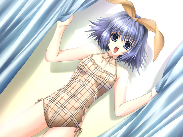 artist_request blue_eyes blue_hair casual_one-piece_swimsuit copyright_request curtain_grab curtains dutch_angle frilled_swimsuit frills game_cg hair_ribbon halterneck navel one-piece_swimsuit ribbon shadow short_hair smile solo striped striped_swimsuit surprised swimsuit