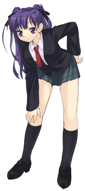 bent_over black_footwear black_legwear blazer hand_on_own_knee jacket kneehighs leaning_forward long_hair long_sleeves original piyodera_mucha plaid plaid_skirt pleated_skirt purple_eyes purple_hair school_uniform simple_background skirt solo standing white_background